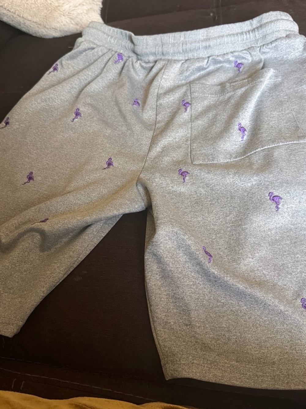 Kids Gray Sweat Shorts with Purple Flamingo Embroidery